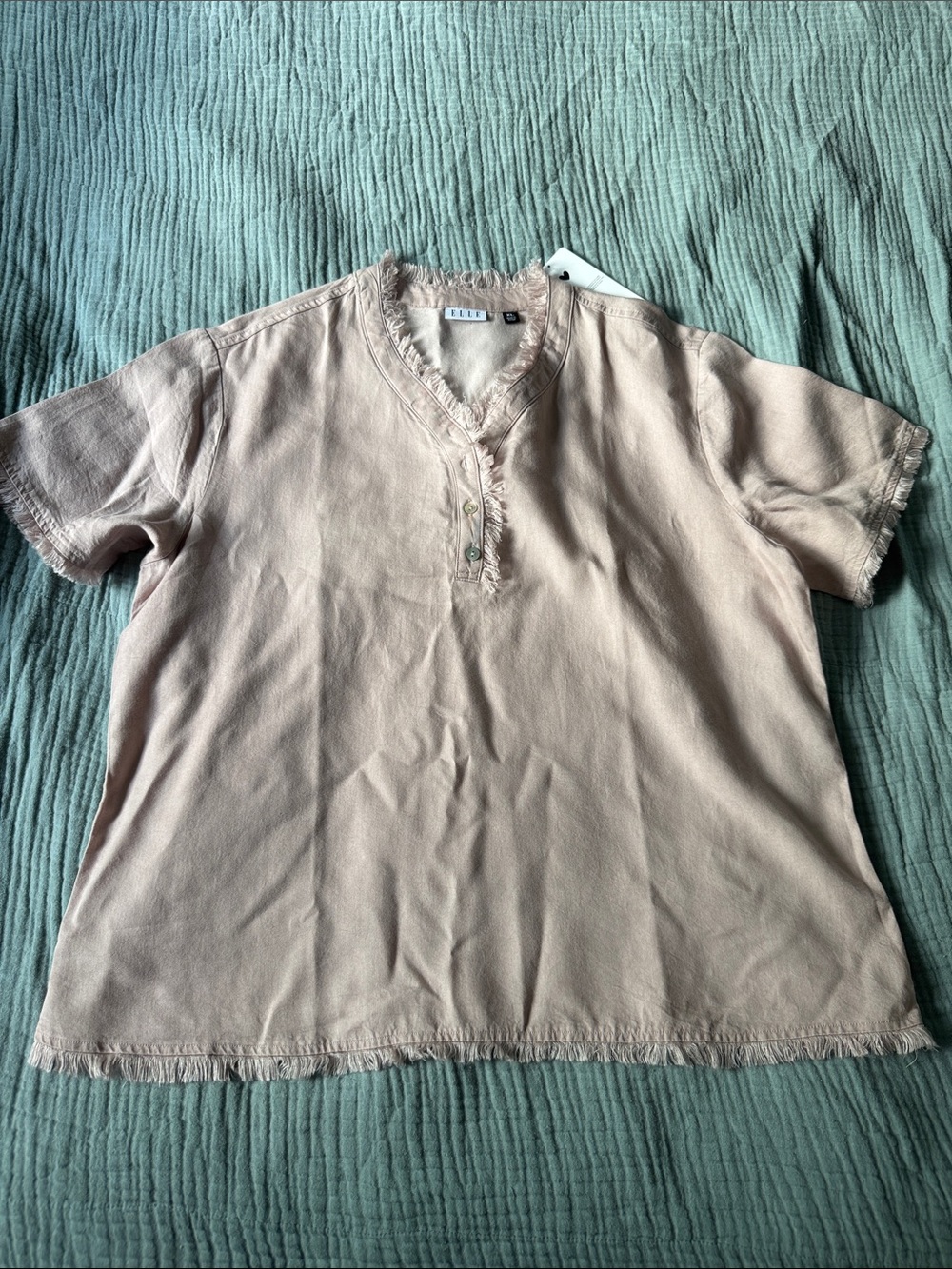 Elle Pale Pink Short Sleeve Frayed Henley Top